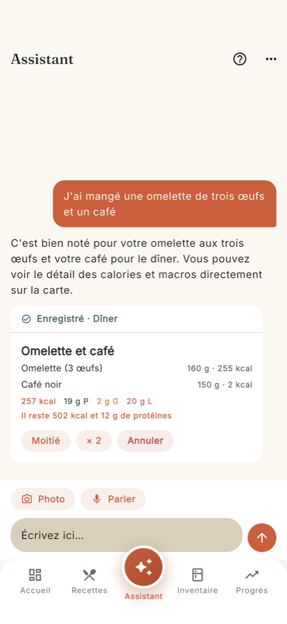 Un repas enregistré, avec calories, macros et ce qu’il reste
