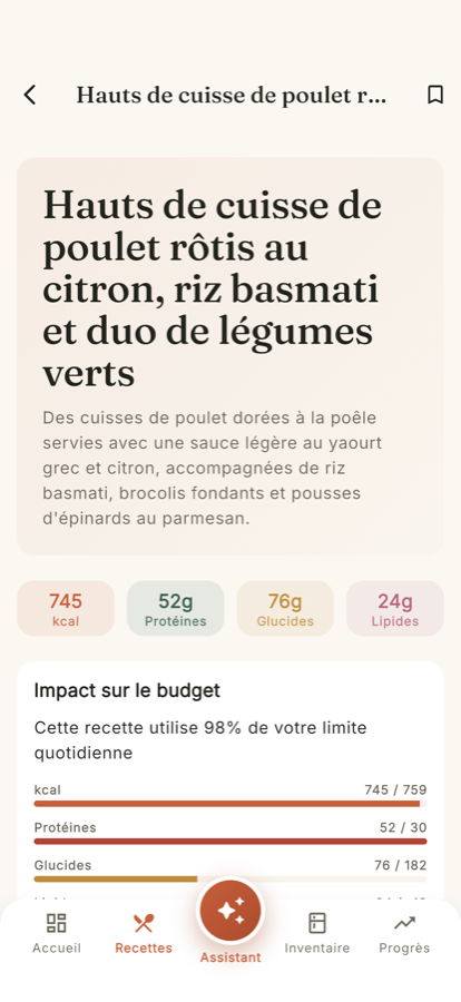 Une recette avec ses macros et la part de la journée qu’elle prend